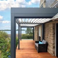 Double Pergola bioclimatique Alusun autoporté 4 pieds gris anthracite RAL7016 lames blanches option LED et stores