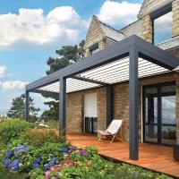 Double Pergola bioclimatique Alusun autoporté 4 pieds gris anthracite RAL7016 lames blanches option LED et stores